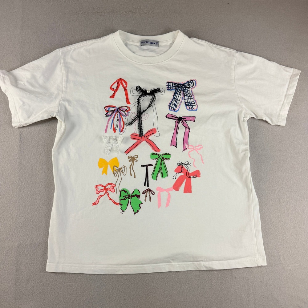 Aelfric Eden Womens White Bow Graphic T-Shirt 3D Lace Pearl Coquette Medium